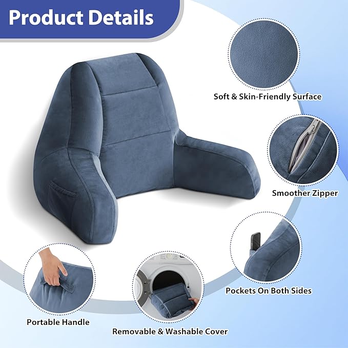 Reading Pillows for Sitting in Bed Adult, Back Pillow for Bed Sitting Up, Backrest Pillows with Shredded Foam for Adult&Teens, Support Pillow with Arms for Beds, Couch, Floor, 20in, Navy Blue