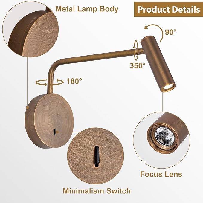 ZEROUNO Wall Mounted Reading Light for Bedroom, Hardwired Sconces with Switch LED 3000K Bedside Reading Lamp (Bronze)