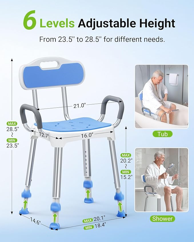 Widened Shower Chair for Inside Shower with Padded Back & Arms,400 lbs Heavy Duty & Adjustable Shower Chair for Elderly and Disabled, Non-Slip Shower Seat, Bath Chair for Tub