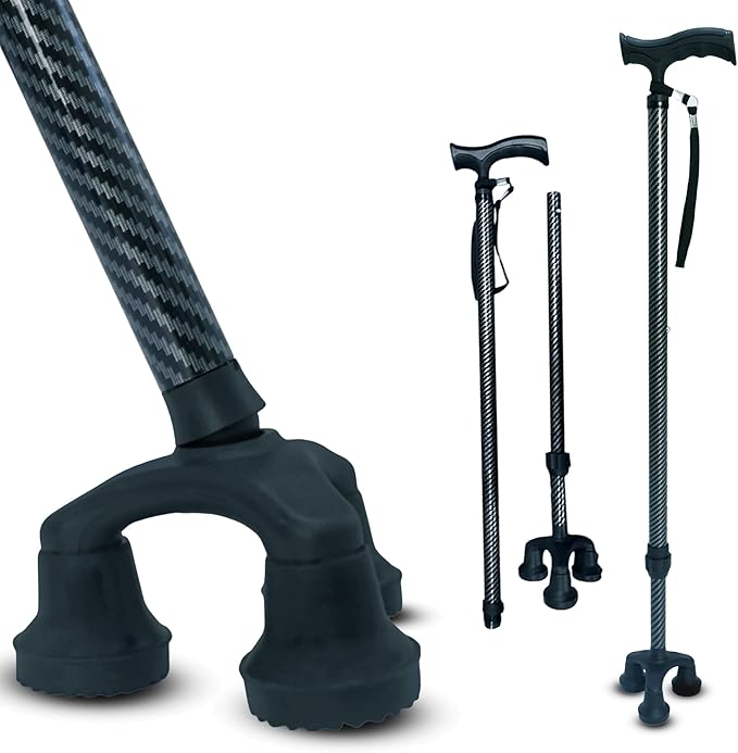 Dr. Aid Tripod and fourpod Walking Cane for Men & Women Premium Carbon Fiber Black Cane Adjustable Heavy-Duty 3 or 4-pronged Walking Stick for Seniors, Supports 400 lbs