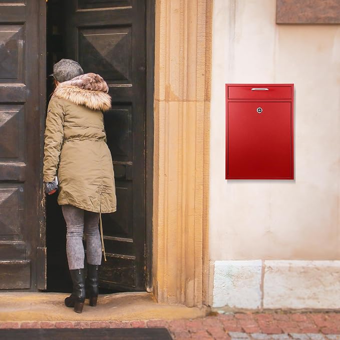 Yaocom Locking Mailbox with Key for Outdoor 16.2 x 11.2 x 4.7 Inches Large Wall Mount Mail Box with Lock Security Mail Drop Metal Collection Boxes Hanging Secure Postbox(Red)