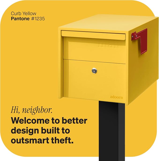 Adoorn Lockable Post Mount Mailboxes for Outside - Small Anti-Theft Locking Mailbox for Packages and Letters - Weatherproof Construction - Durable Steel - 12" H x 12" W x 18.5" D - Yellow