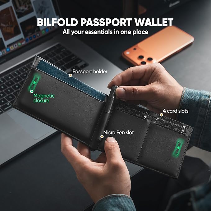 VULKIT Bilfold Passport Holder Leather RFID Blocking Passport Wallet with Hidden Pocket Slim Travel Documents Organizer for Men or Women (Passport, Card, Cash, Coin, SIM Card, Ticket)