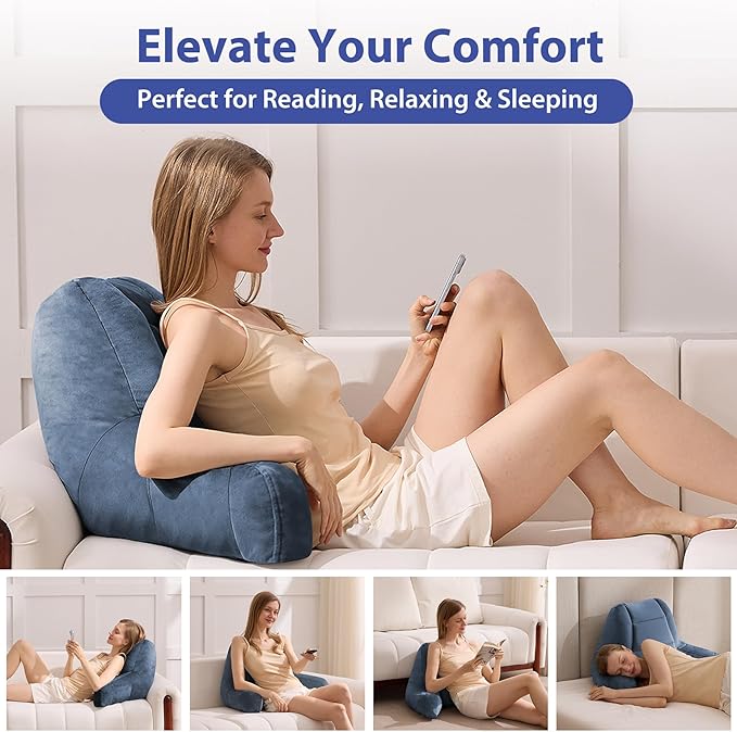 Reading Pillows for Sitting in Bed Adult, Back Pillow for Bed Sitting Up, Backrest Pillows with Shredded Foam for Adult&Teens, Support Pillow with Arms for Beds, Couch, Floor, 20in, Navy Blue