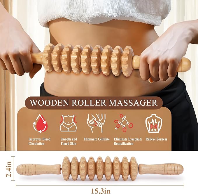Wood Massage Roller Muscle Roller Cellulite Massage Tool Fascia Blaster Lymphatic Drainage Massager Wood Therapy Massage Tools for Deep Tissue Muscle Relief Recovery(9-Wheel)