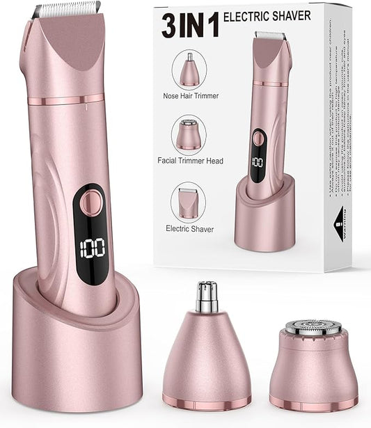 Bikini Trimmer for Women, Painless Lady Shavers with Facial Hair Removal and Nose Hair Trimmer for Leg, Nose,Body and Armpit (Rose Gold)