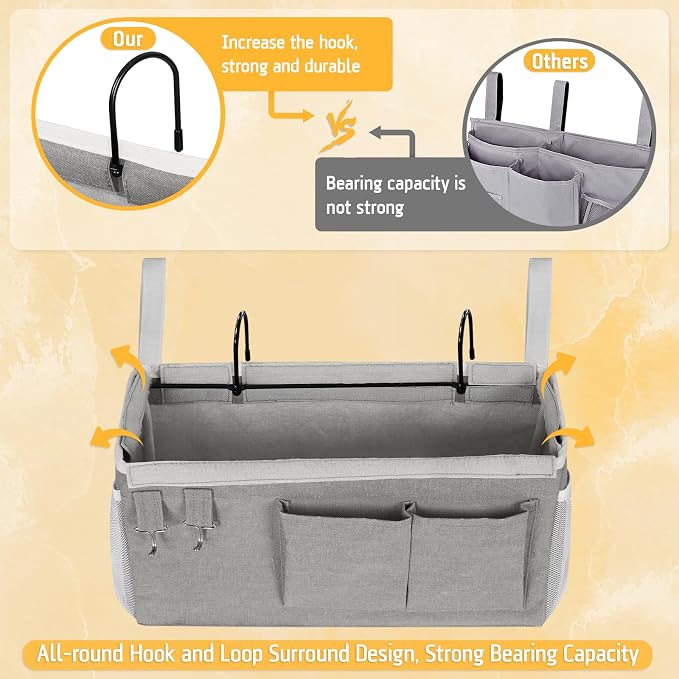 Lilithye Bedside Caddy, Bedside Storage Bag Hanging Organizer for Bunk Bed | Bed Caddy with Fixed Straps and Water Bottle Holder for Home, College Dorm, Bunk Bed, Hospital Bed and Crib Bed Rails