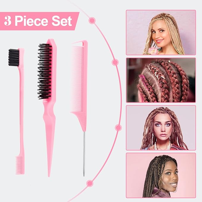 SWEET VIEW 3Pcs Slick Back Hair Brush | Rat Tail Comb, Edge | Bristle Brush, Sleek Ponytail/Bun Smoothing Baby Hair & Flyaways