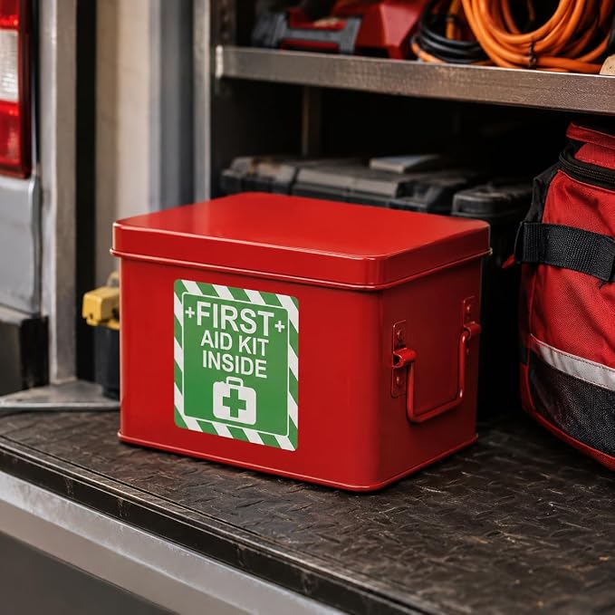 Green First Aid Kit Inside Red Fire Extinguisher Inside Sticker Safety Sign | 4 Inch Adhesive First Aid Kit Sign Decals UV Resistant 8 Pcs Industrial Safety Warning Decal for Trucks or Equipment