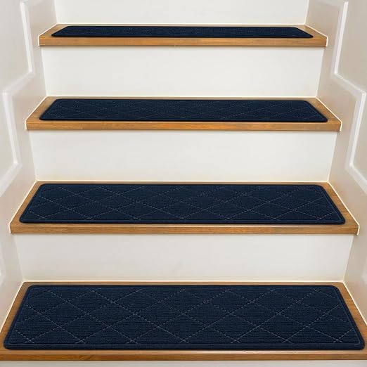 Stair Treads for Wooden Steps Indoor, 7 Pack 8" X 30" Non Slip Carpet Stair Treads with Reusable Adhesive for Elders and Dogs, Surface Polyester TPR Backing Stair Rugs,Navy