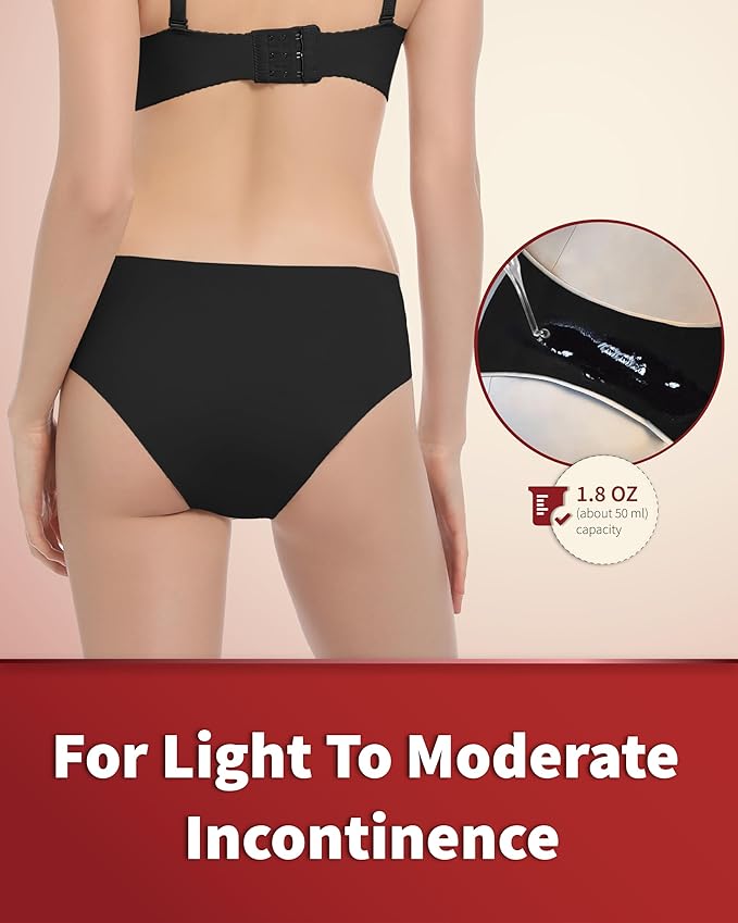 Washable Incontinence Underwear for Women, 1.8 oz Absorbency Leak Proof Seamless Mid Rise Briefs for Postpartum 3 Pack (Black, M)