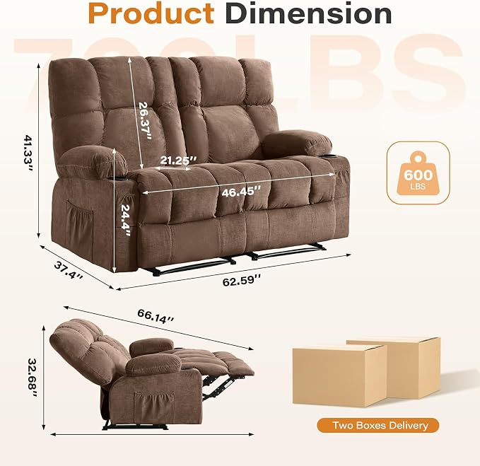 Oversized Fabric Reclining Loveseat Sofa for Living Room with Cup Holders | 2-seat recliner sofa with side pockets, padded seats and adjustable footrests for home theater, family room and relaxation