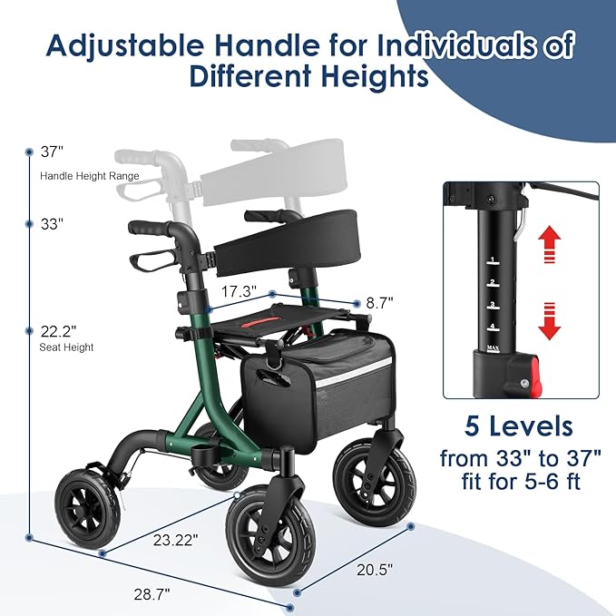 Walkers for Seniors, Rollator Walker with Seat, 10" Rubber Wheels All Terrain Rollator Walker with Backrest, Aluminum Walkers Built-in Cable, Foldable and Adjustable Height for Seniors, Green