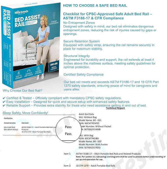 Bed Rails for Elderly Adults Safety – ASTM & CPSC Approved Adjustable Bed Rail For Seniors, Bed Cane with Non-Slip Ergonomic Handle, Fits King, Queen & Standard Size Beds, Tool-Free Assembly, 300 lbs