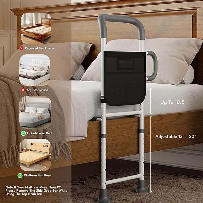 HOMEAL Bed Rails for Elderly Adults Safety - Adjustable Bed Assist Rails for Seniors, Adult Bed Guard Rail with Non-Slip Ergonomic Handle and Storage Pocket (Grey (Without Sensor Light), Long)