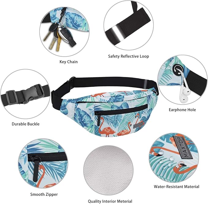 Large Fanny Pack Belt Bag with Adjustable Straps Waist Pack for Men Women | Flamingo Print4-Zipper Pockets,Ideal Gifts for Traveling Hiking Casual Waist Pack Carrying All Size Phones