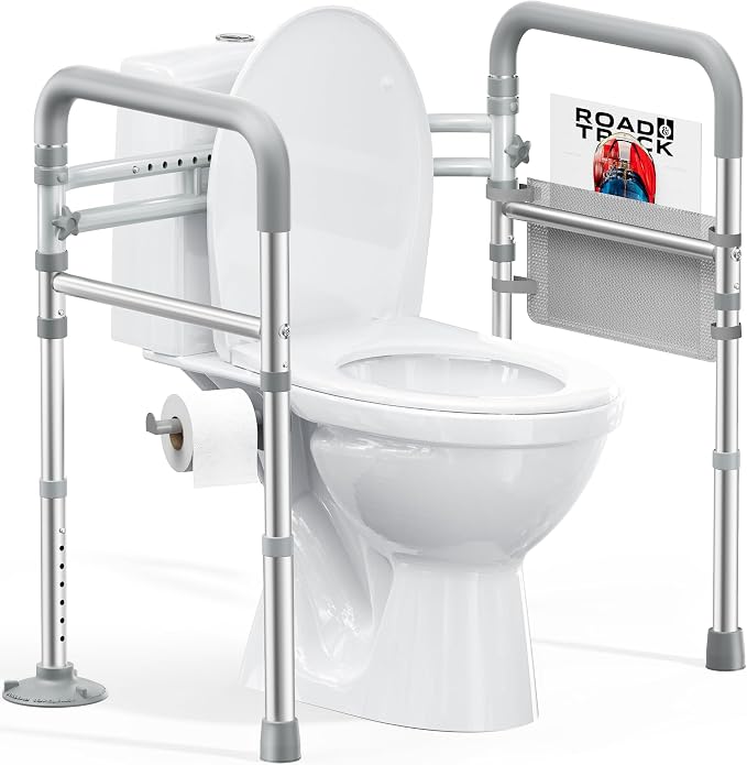HOMLAND Toilet Safety Rails for Seniors, Adjustable Height & Width, 350 Lbs | Padded Armrests, Foldable Aluminum Toilet Safety Frame, Handicap Toilet Handles for Elderly and Disabled, Fit Any Toilets
