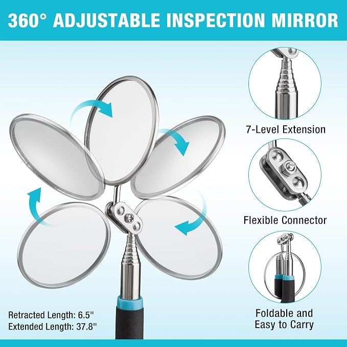 DURATECH Telescoping Back Scratcher and Pick-Up Tool Set with Pouch | 5 Interchangeable Heads, Extendable Back Scratcher, 2 lb Magnetic Pickup Tool, Telescoping Inspection Mirror