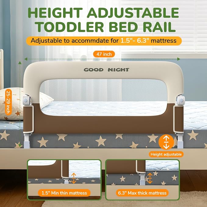 Bed Rail for Toddlers, 47 Inch Toddler Bed Rails, Bed Rail for Baby | Adjustable Heights, Folding up Portable, Safe Metal Frame, For Baby, For Crib, Twin, Bunk, Full Size, Queen & King Bed