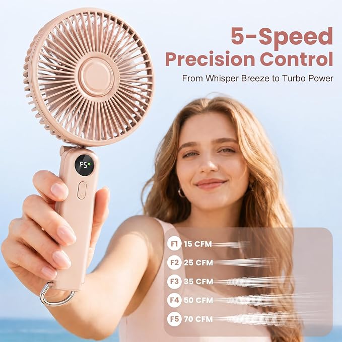 Portable Handheld Fan, 10000mAh Rechargeable 6-Inch Personal Fan for Travel | Ultra Quiet Foldable Desk Fan, 5-Speed Battery Operated Fan with Up to 40H Runtime and Digital Display for Travel and Makeup