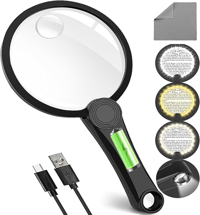Large Hand Held Magnifying Glass with Light 10X Illuminated High Power Magnifying Glass Rechargeable 49 LED with 4 Modes, Magnifier for Reading, Close Work, Coins, Jewelry, Seniors