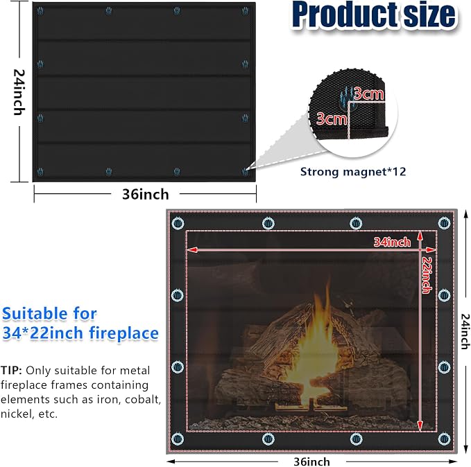 Magnetic Fireplace Blanket for Heat Loss Indoor Fireplace Covers Keep Drafts Out Stops Heat Loss Fireplace Draft Stopper with Built-in 12 Strong Magnet for Iron Fireplace Frame Fireplace Screen 36x24