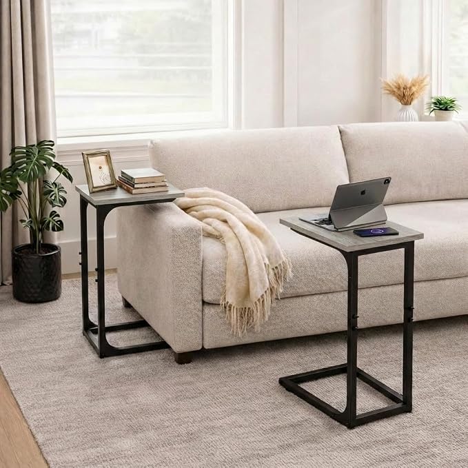 TEMI C Shaped End Table for Couch - Small Side Table and TV Tray for Eating or Laptop, Accent Desk for Chair or Sofa, Easy Assembly, Space-Saving Design for Living Room or Bedroom,Greige