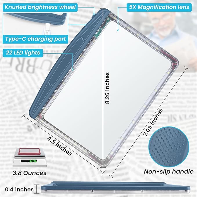 Rechargeable 5X Magnifying Glass for Reading, Large Bright Full Page Magnifier with Light, Handheld LED Dimmable Lighted, Lightweight Book Magnifier for Reading Small Prints Seniors - Blue