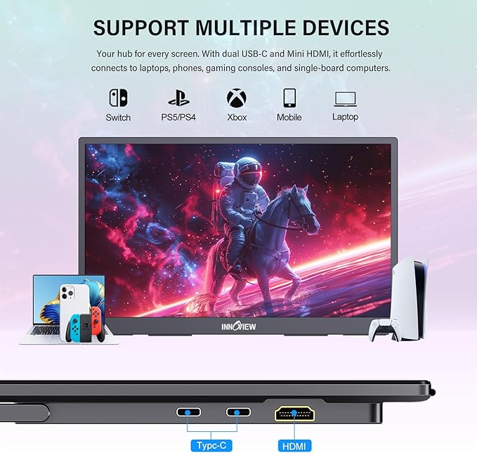 InnoView 4K Portable Monitor 18.5" 3840x2160 UHD USB-C HDMI for Laptop, 10Bit IPS Computer Gaming Display HDR Travel Monitor with W/180°Adjustable Stand for Desktop Mac Phones Tablet PS5/4 Switch
