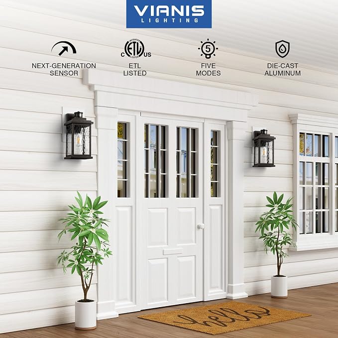 VIANIS Advanced Motion Sensor Light Outdoor, Exterior Lighting Fixtures | Waterproof Aluminum, Easy-to-Install, Water Glass, 2 Pack Large Bronze Porch Lights Outdoor for Porch, Garden, Front Door
