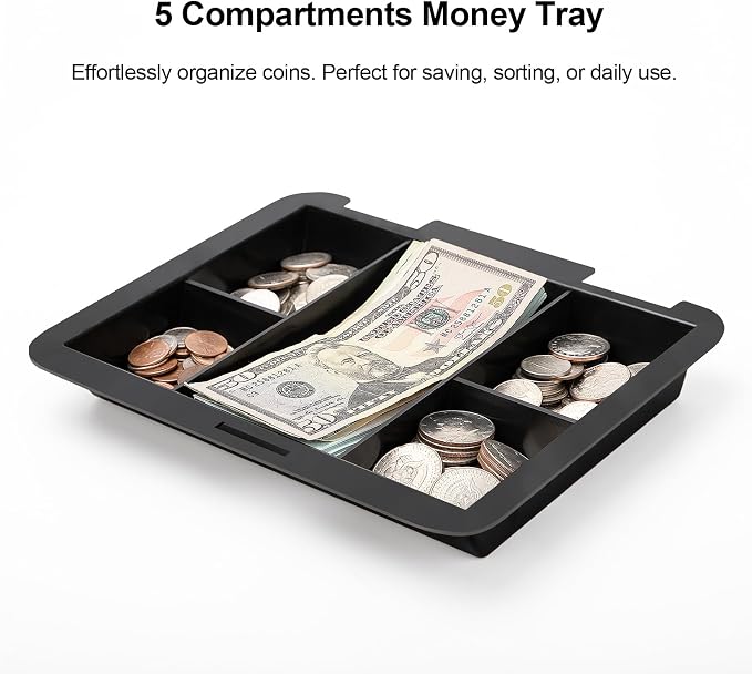 Jssmst Cash Box with Key Lock, Money Box with Cash Tray, Lock Box, Black, Large