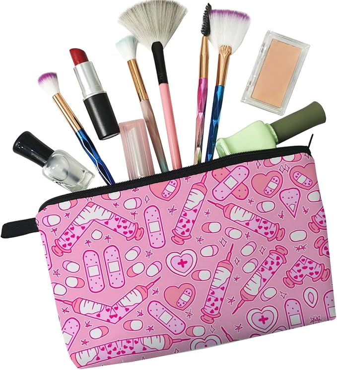 Livel lhood Pink Medical Supplies Small Makeup Zipper Bag | Pink Medical Supplies Printed Cosmetic Organizer Pouch, Medical Theme Gift for Women Friends