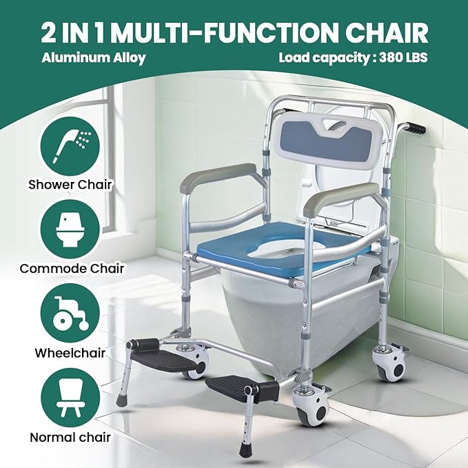 4-in-1 Floding Bedside Commode Chair, Rolling Shower Wheelchair with Arms, 4 Lockable Wheels, Detachable Bucket, Toilet Brush, Height Adjustable & Flip-up Footrest, Padded Mobile Toilet Chair