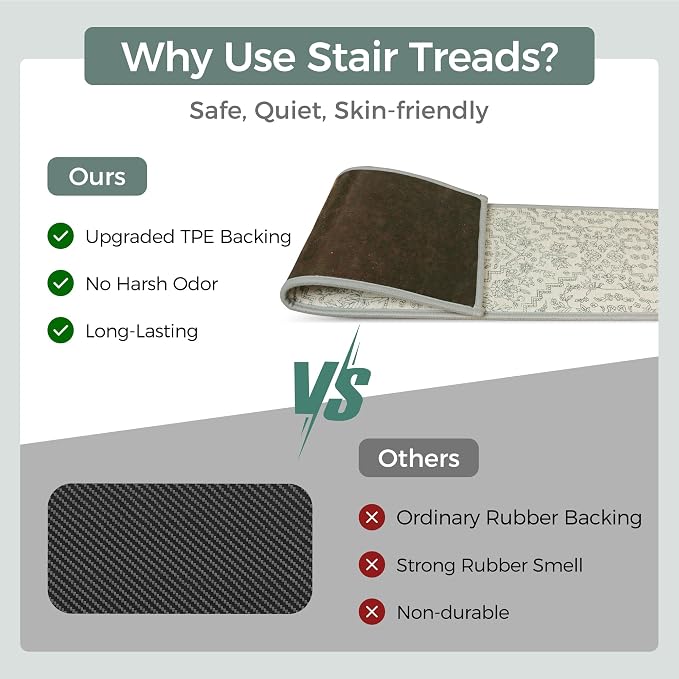 sarben 8"x30" Non Slip Stair Treads for Wooden Steps 15 Pack, Beige Line | Peel and Stick Carpet Stair Runner with TPE Adhesive Backing, Carpet for Added Safety, Pet and Senior Friendly