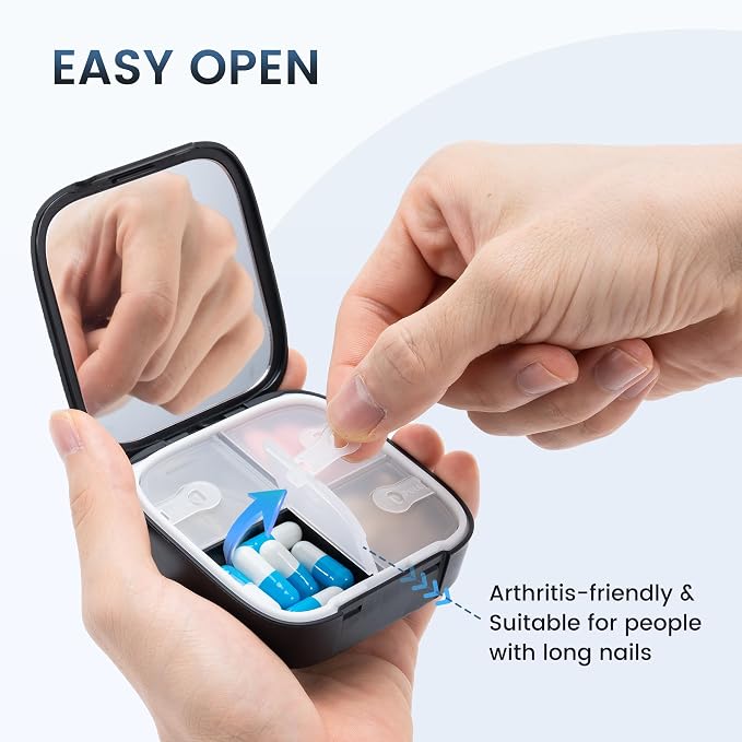 Betife Travel Pill Organizer for Purse, Small Cute Pill Box with Mirror, 4 Large Compartment Pill Case, Waterproof Medicine Container, Portable Vitamin Case BPA-Free (Classic Black) | Compact,Waterproof,Bpa-free,Stylish,4 Compartment