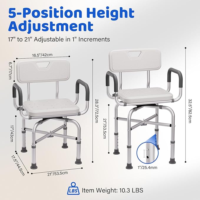 360° Swivel Shower Chair for Inside Shower, 500lbs Swivel Shower Chair with Arms and Back, Adjustable Height Shower Chair for Elderly and Disabled with Stable Non-Slip Design Bathroom Tub Stool