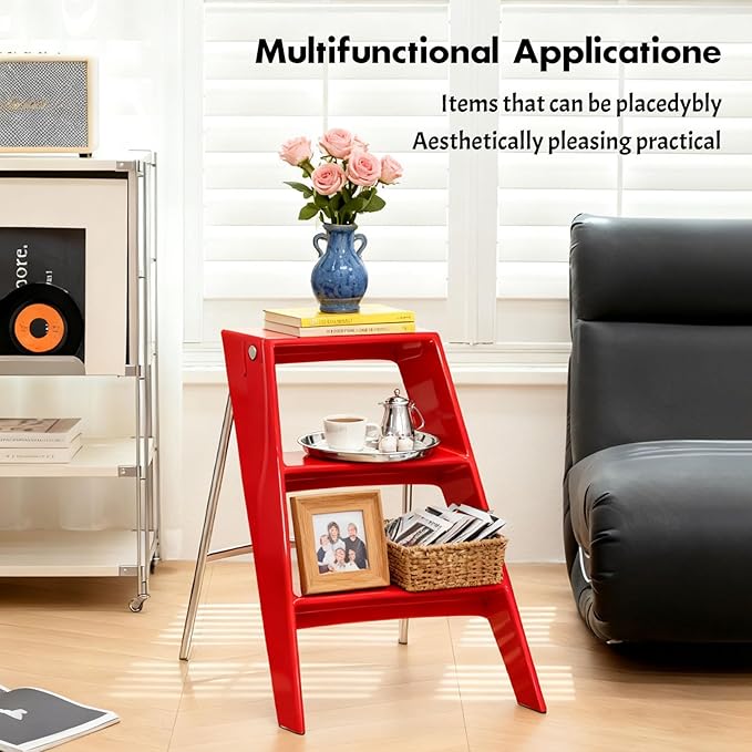 Acrylic 3 Step Ladder Folding Step Stool for Adults Foldable Small Step Stool Ladder for Kitchen Plastic Stepladder Modern Collapsible Ladder for Closet Home Bathroom Indoor (Red)