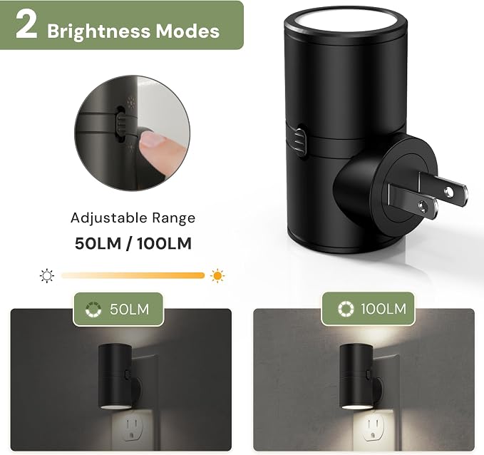 L LOHAS LED Bright Night Lights Plug into Wall,Daylight White,Rotating,Mini | Dimmable Nightlight Plug in, Light Sensor Night Light, LED Nightlights, Hallway Bedroom Bathroom Kitchen,[Black Shade,4 Pack]