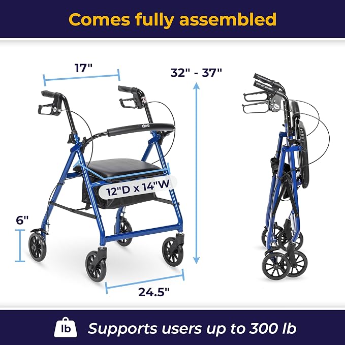 Drive Medical Aluminum Rollator Walker, Padded Seat, 6-Inch Wheels, Blue | Aluminum Rollator Walker Folds Up with 6 Inch Wheels for Indoor and Outdoor Mobility and Everyday Ease Daily