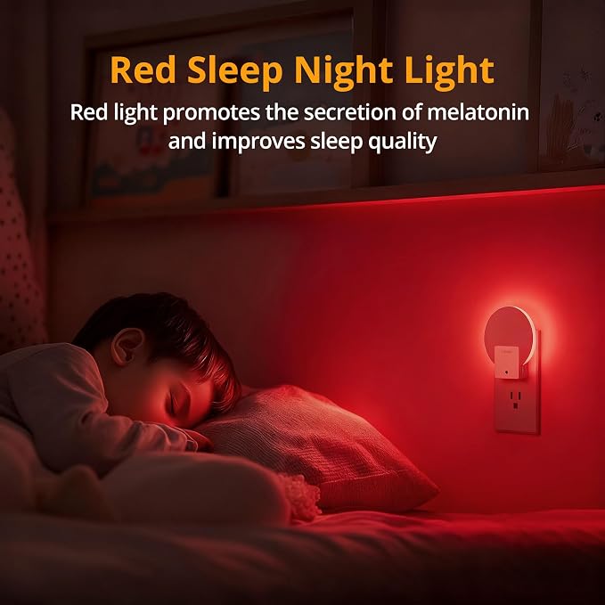 Red Plug in LED Backlit Night Light, Auto Dusk to Dawn Sensor, 1-50 LM Dimmable Sleep Aid Nightlight Indoor for Bedroom, Kids Room, Elderly Housing, Bathroom, Kitchen, Stairs, Hallway, 4 Pack