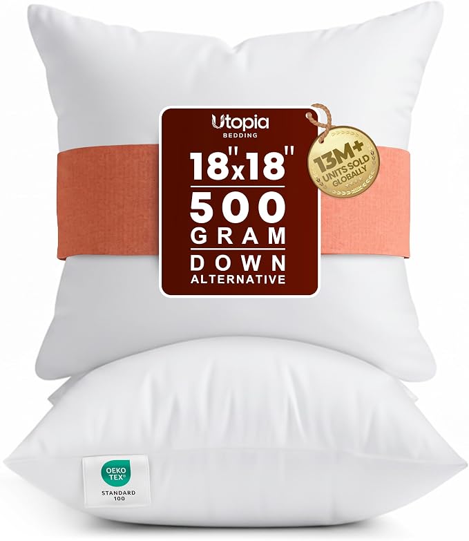 Utopia Bedding 18x18 Pillow Inserts, White Throw Pillows for Couch, 2 Pack | Indoor cushion inserts for bed, sofa & couch, Supportive & fluffy decorative pillows for everyday comfort, Set of 2, White