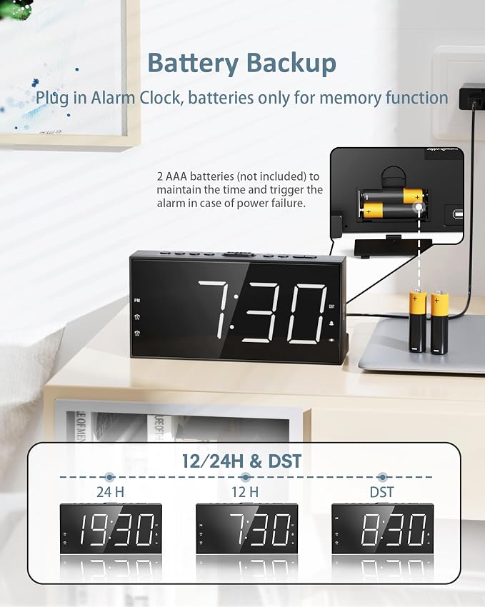 Roxicosly Alarm Clock for Heavy Sleepers with Bed Shaker, Dual Alarm Clock with USB Charger, 7.5" Large LED Display, Adjustable Brightness, Snooze, 12/24H & Battery Backup for Hard of Hearing/Deaf