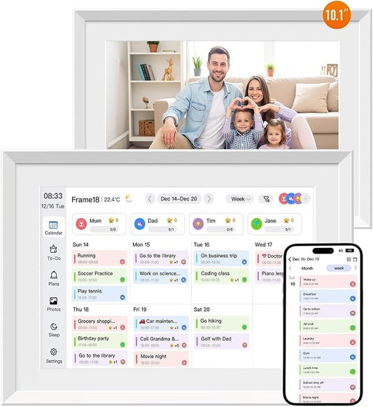 10.1" Smart Digital Calendar and Cloud Photo Frame Wall Planner with Chore Charts Meal Planning 32GB Storage 1280x800P IPS Touchscreen Desk Calendar Interactive Display for Family Schedules White
