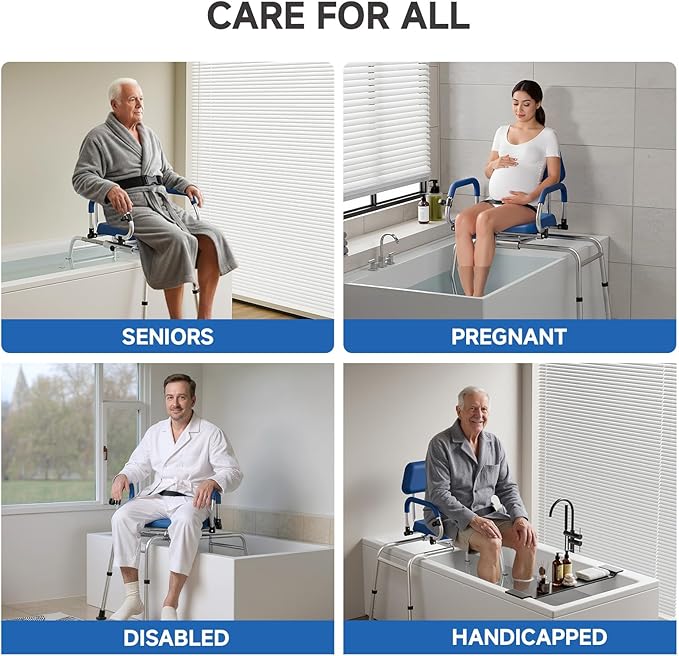 Sliding Shower Chair Tub Transfer Bench with Swivel Seat, Premium Padded Seat and Backrest, Pivoting Arms, Height Adjustable for Tubs, Inside Shower, for Handicap & Seniors，350 Lbs