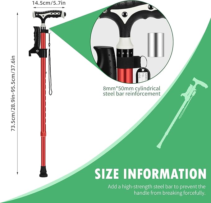 Hold 440 Lbs Walking Cane for Men & Women Aluminum Alloy Lightweight Height Adjustable Walking Stick Heavy Duty Foldbale Free Standing Cane with LED for Seniors Adults