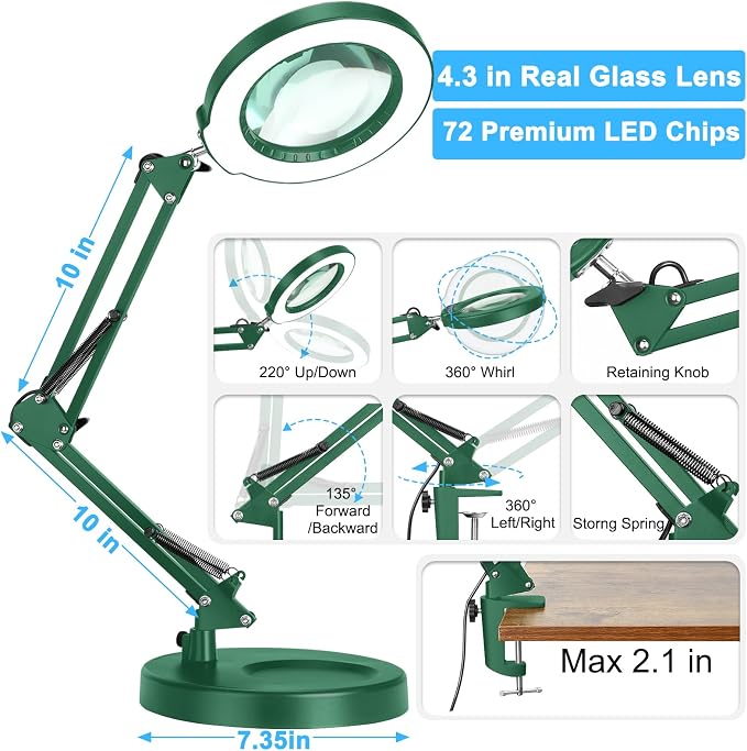 12X Magnifying Glass with Light and Stand, 5 Color Modes Stepless Dimmable 2-in-1 Lighted Magnifier with Clamp, LED Desk Lamp Hands Free for Crafts Hobby Reading Painting Sewing Close Work Green