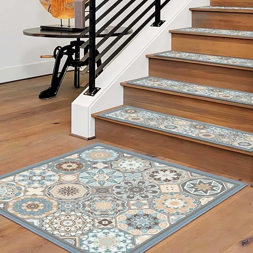 Stair Carpet Treads 1PCS, 30"X30" Indoor Safety Stair Treads for Wooden Steps, Non Slip Silent Stair Carpet, Pet-Friendly Stair Decoration Carpet, Blue