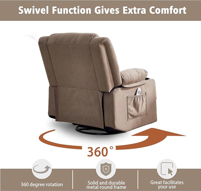 Ketaiyou Swivel Rocker Recliner Chair for Adults with Massage and Heat, Cup Holders and Side Pockets, Glider Rocking Reclining Single Sofa Chair for Living Room (Mocha2)