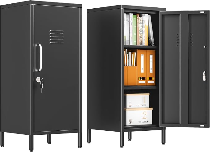 pozdeg 35.43" Metal Storage Locker with Lockable, Metal Steel Locker for Employees with 1 Door ＆ 2 Adjustable Shelves, Small Locker Storage Cabinets for Home, School, Office, Gym (Black)