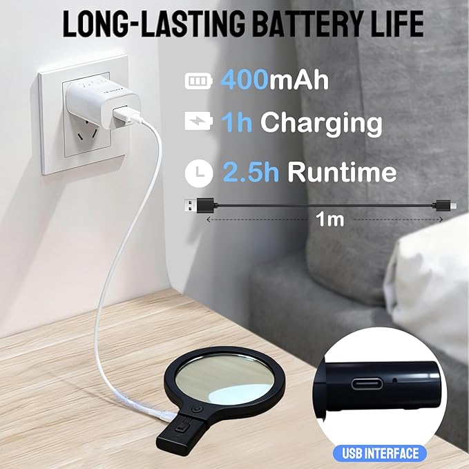 Hands-Free Magnifying Glass & Goose Neck Magnifier with Light | Neck-Worn Rechargeable for Reading, Crafts, Cross Stitch | 5X&10X Large View for Low Vision Seniors & Close Work